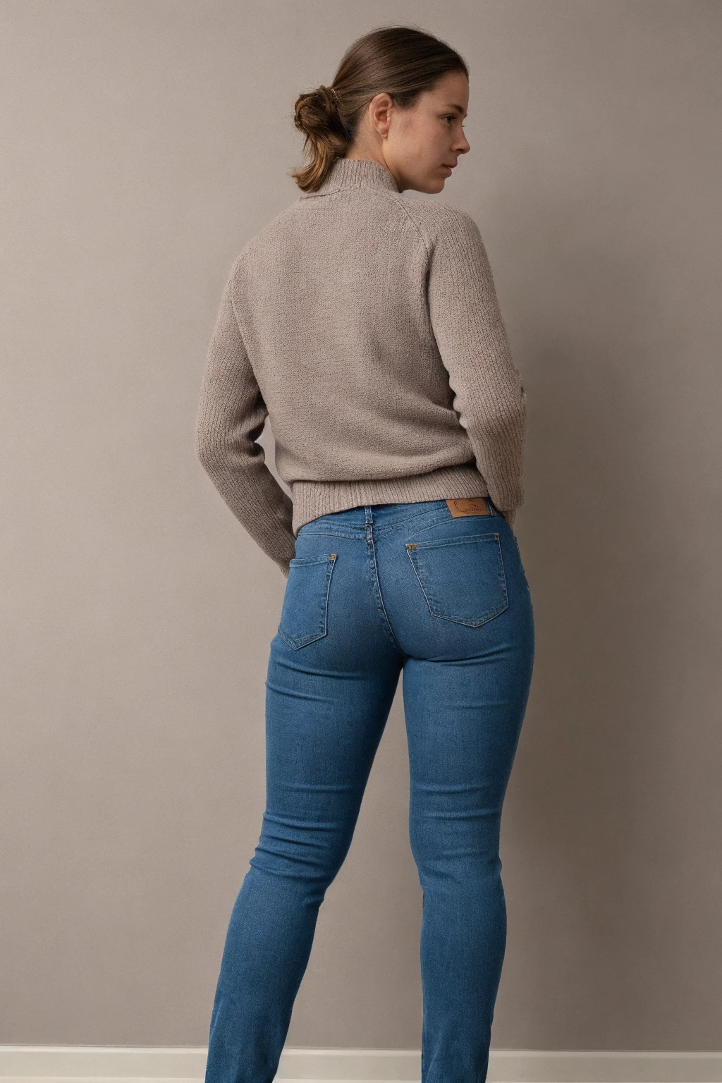 a foto of a pretty Hot woman in High Waist Jeans, from behinde, pullover , good face, good eays, ???????????