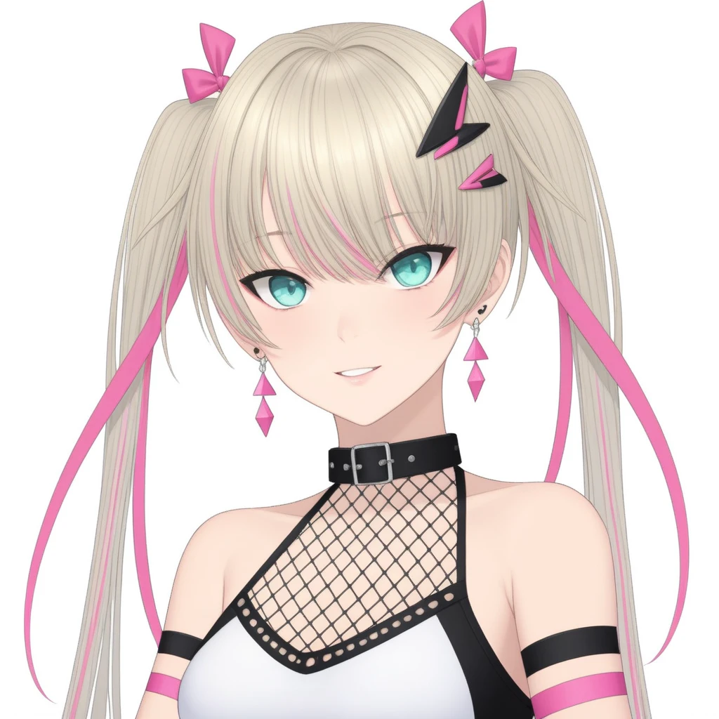 lia, arm strap, bare shoulders, triangle fishnets, hair ornament, jewelry, long hair, looking at viewer, streaked hair, pink bow, pink ribbon, ribbon, solo, black white and pink sportswear, bolt earrings, twintails, oval eyes, anime drawing, platinum blonde hair,
basic background, looking at viewer
 <lora:LIA-XLv2-t1-000004:0.6>