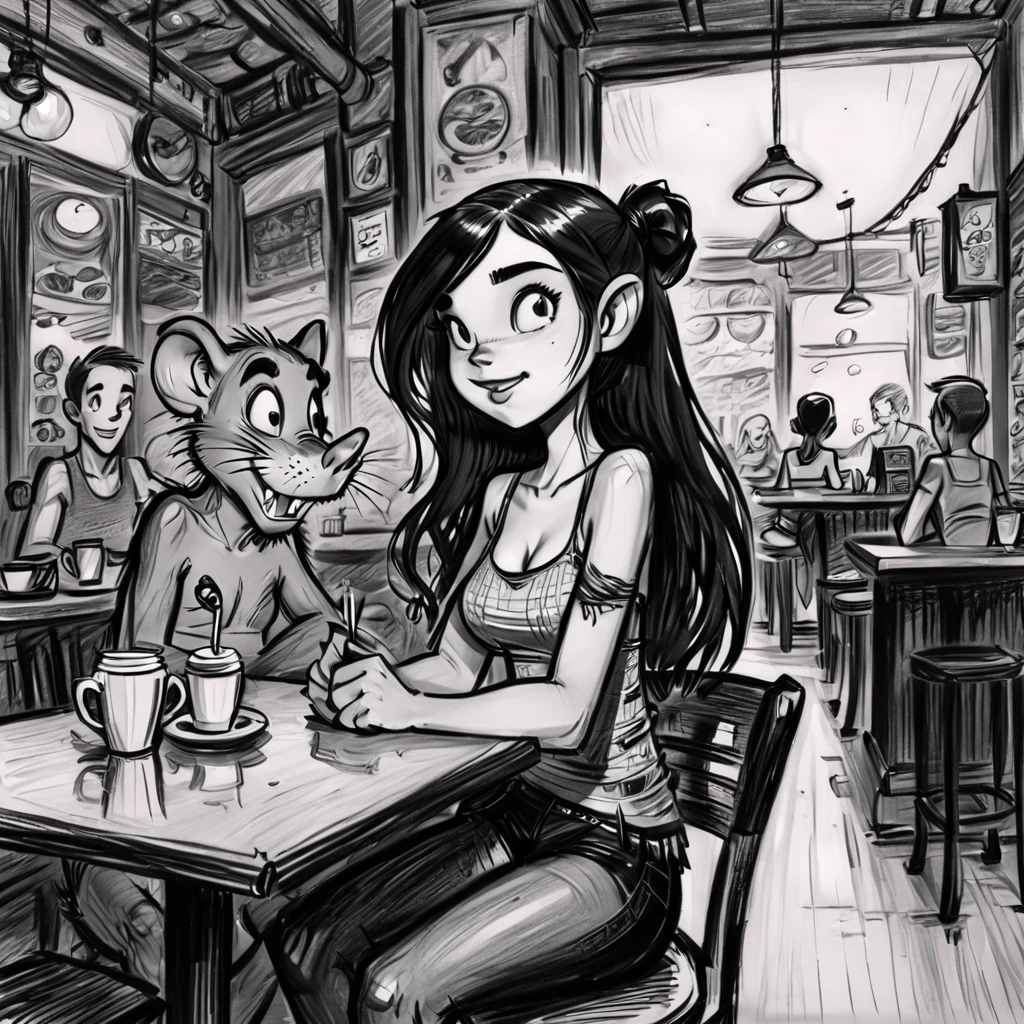 drawix18 girl and big rat in a cafe, darkness, black ink, very detailed <lora:drawix18:0.8>