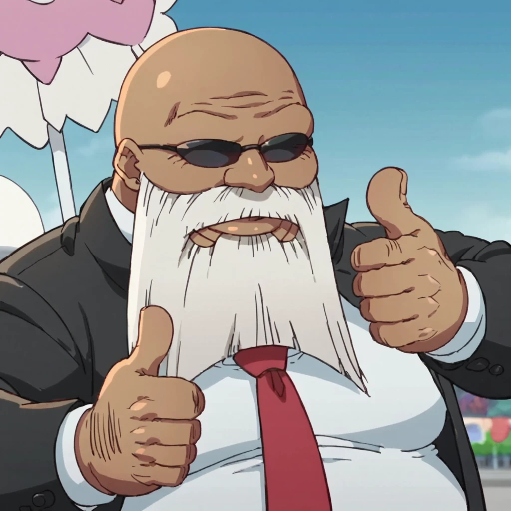 score_9, score_8_up, score_7_up,anime screencap, 1boy, male focus,solo,bald head ,facial hair, beard,  fat,  fat man,  mustache,sunglasses,smile, men's business suit,necktie,jacket,thumbs up<lora:pepesama:0.8>