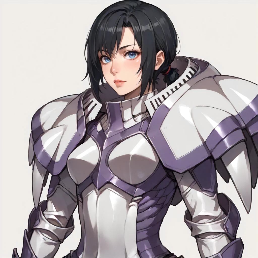 solo, simple background.  <lora:Clothing FEA Knight Armor:1> f3akn1gt, armor, shoulder armor. <lora:Character BtV Marian Crane:0.8> marian, 1girl, black hair, low ponytail, sidelock, short hair, gray-blue eyes, athletic build, strong., score_9, score_8_up, score_7_up, score_6_up, score_5_up, score_4_up, masterpiece, detailxl. BREAK