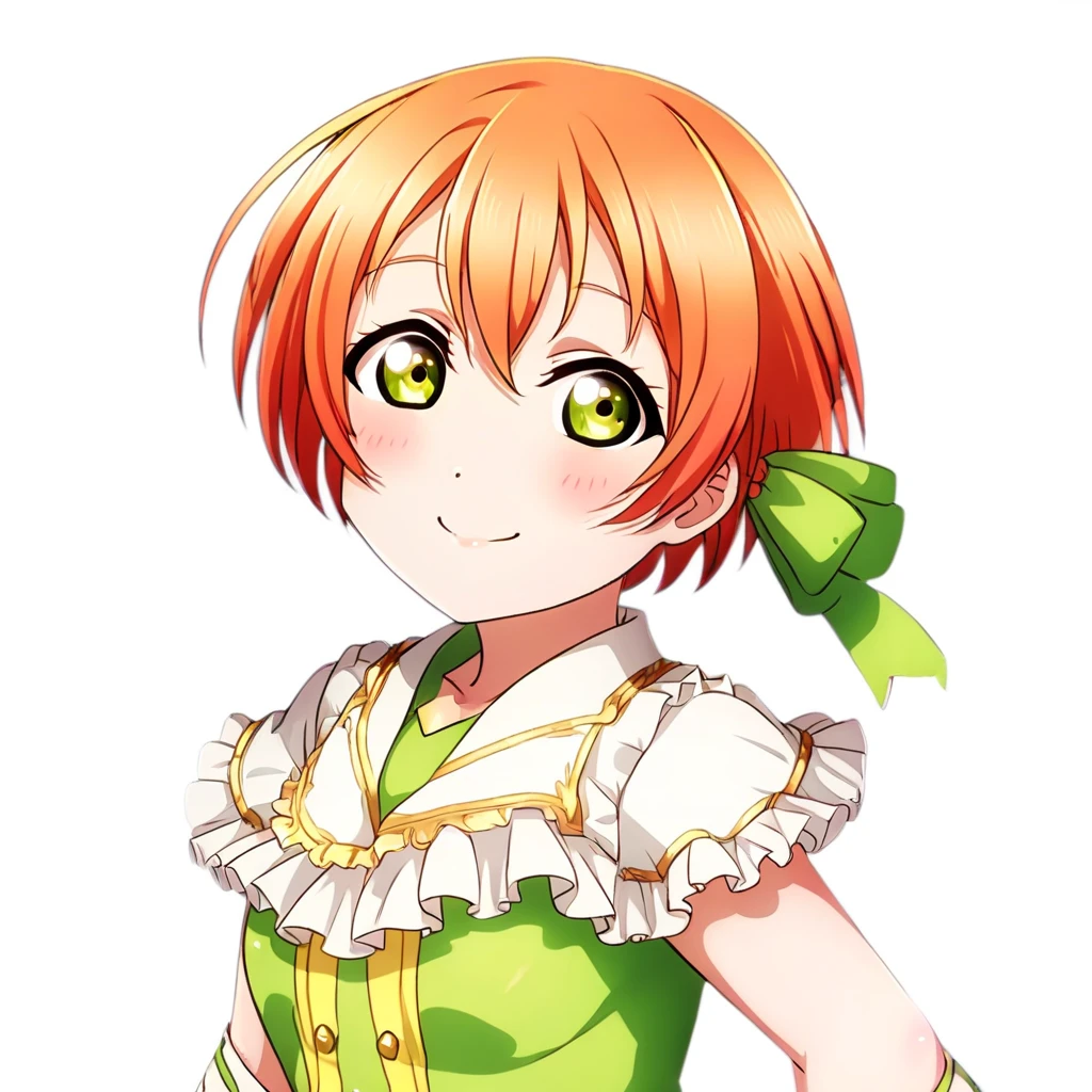 Hoshizora Rin, close-up of her face, short orange hair, green eyes, smiling brightly, blush on cheeks, soft lighting, high detail, anime style, no background