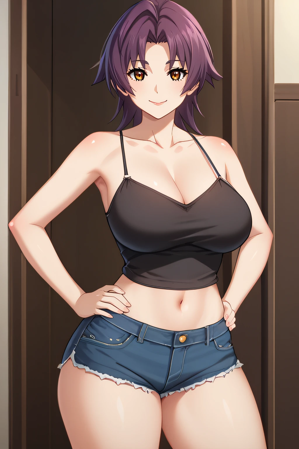 score_9, score_8_up, score_7_up, source_anime, rating_safe, intricate details, anime screencap, official style, 1girl, <lora:Azuma_Marina:1>, marina, purple hair, brown eyes, large breasts, collarbone, black camisole, sleeveless, tummy, navel, blue denim shorts, thick thighs, cowboy shot, looking at viewer, smile, hands on hips