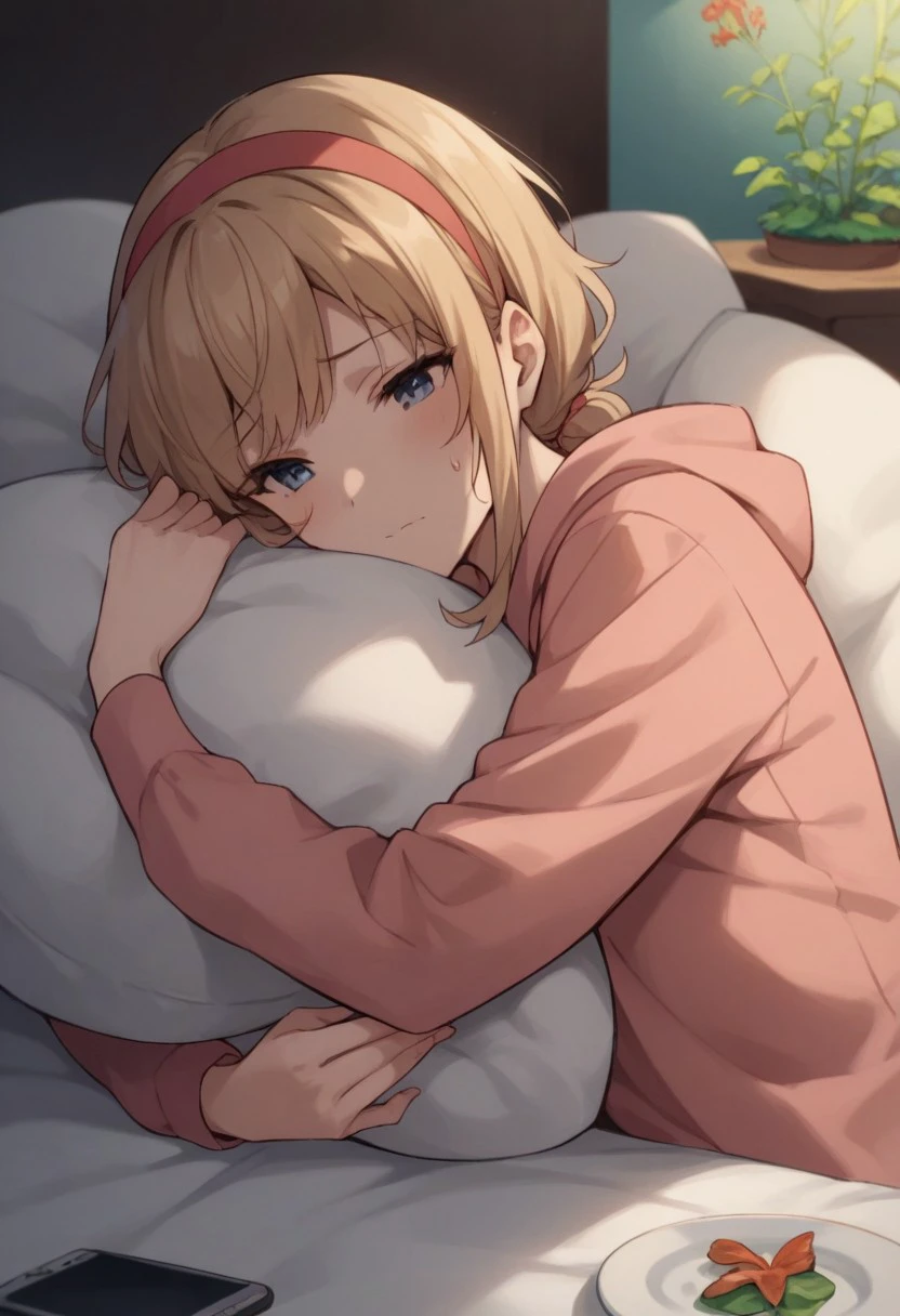 score_9, score_8_up, score_7_up, score_6_up, score_5_up, score_4_up, hairband, closed mouth, arm up, on bed, smartphone, pillow hug, sweatdrop, aquarium, talking on phone, plate, hood