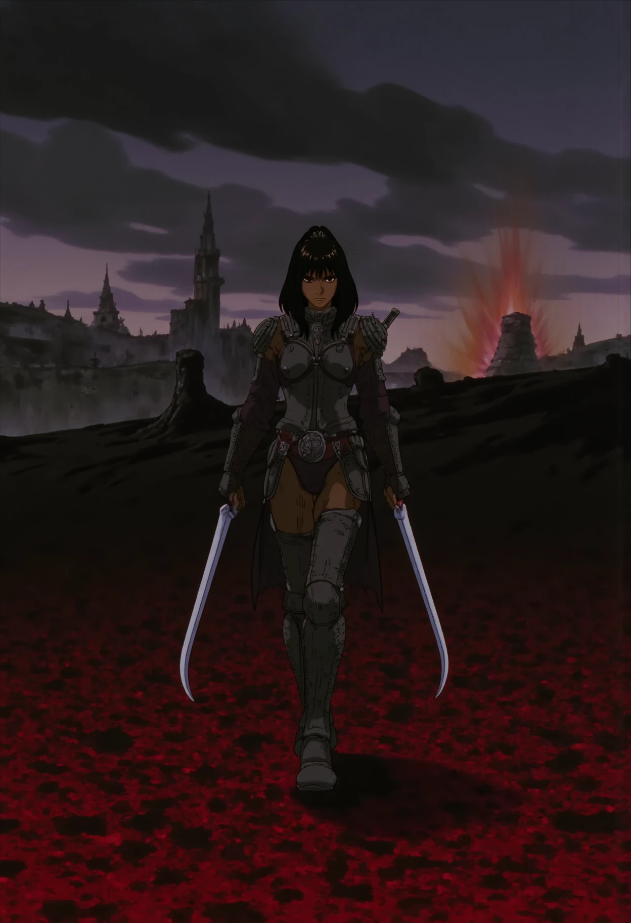 <lora:BerserkFLUXV2:1> b3rs3rk
A tall, battle-hardened dark elf woman strides confidently across a blood-soaked battlefield. Her raven-black hair is pulled back in a sleek ponytail, revealing her sharp, angular features and striking amethyst eyes. She wears a finely crafted set of black and silver armor, intricately designed with elven patterns, and wields two sleek, curved blades. Her dark skin contrasts beautifully with the polished silver of her weapons. Behind her, the sky is heavy with dark clouds, and the distant silhouettes of burning towers can be seen. She stands poised, with a fierce, determined look in her eyes, ready for the next wave of battle.