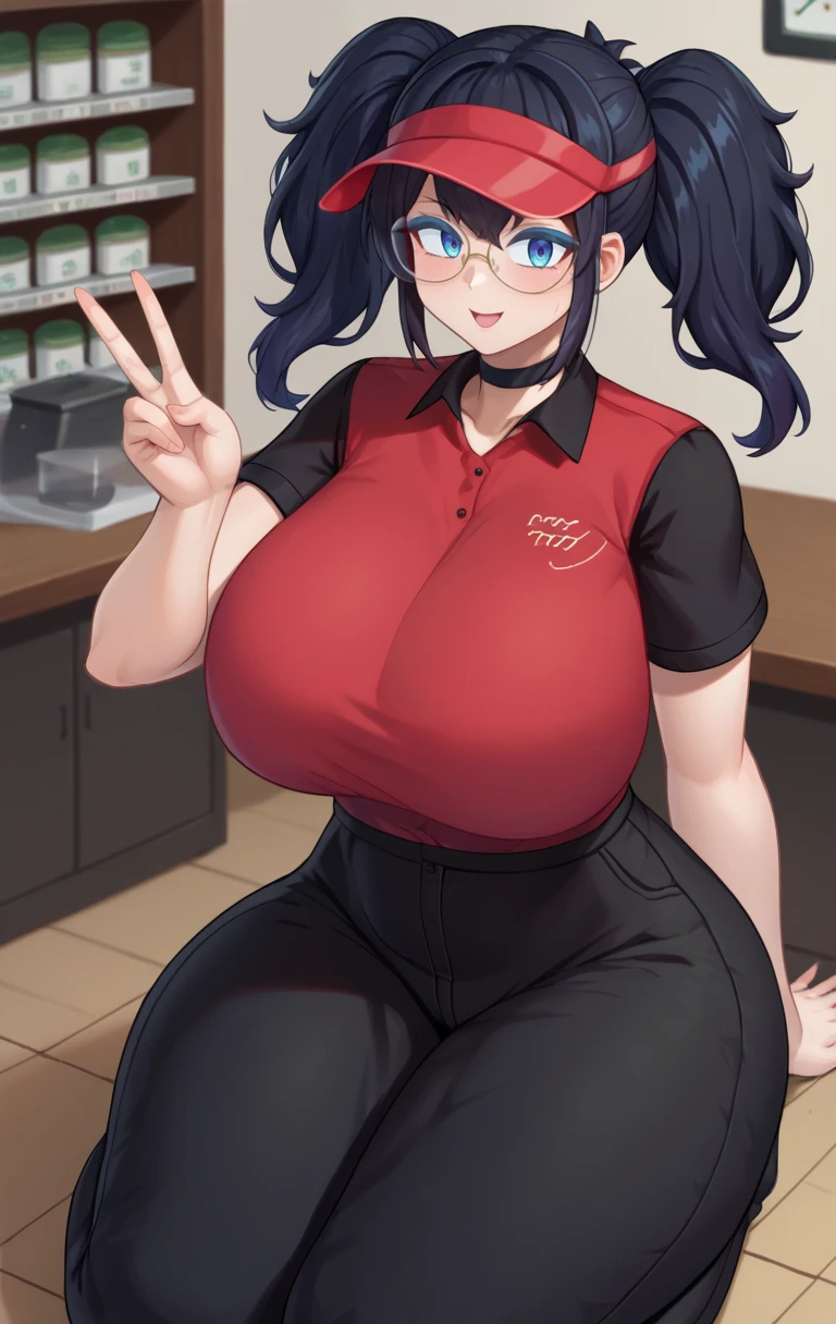 score_9,score_8_up,score_7_up BREAK source_cartoon,<lora:tips:1>,TipsSDXL,1girl,solo,blue eyes,shirt,black hair,twintails,short sleeves,makeup,freckles,sidelocks,thighs,glasses,choker,collared shirt,pants,huge breasts,uniform,black choker,thick thighs,black pants,red shirt,visor cap,tall female,employee uniform,cowboy shot,room,room background,kneeling,v