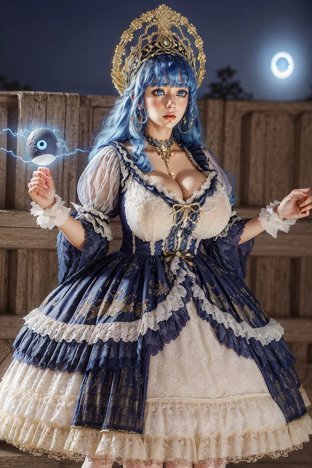 (masterpiece, best quality:1.2),illustration,8k,hd,1girl,solo,yoshino,(blue eyes:1.2),blue hair,long hair,
hzx,blue dress,jewelry,frills,earrings,lace,black headwear,short sleeves,lace-trimmed sleeves,lace trim,puffy sleeves,(night:1.2),(glowing eyes:1.3),big breasts,bouncing breasts,(cleavage:1.2),