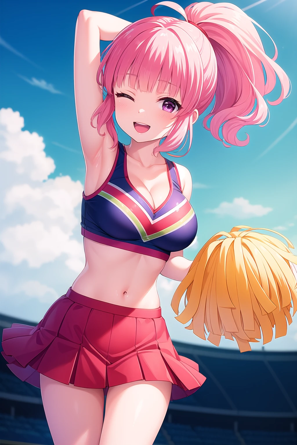 ((masterpiece, best quality)),beautiful highly detailed,8K,1girl, breasts, armpits, blonde hair, cheerleader,red eyes,smile, long hair, pom pom (cheerleading), underwear, panties, looking at viewer,ponytail, sleeveless, open mouth, solo, pleated skirt, bare shoulders, thighs, shirt,underboob, miniskirt, :d, arm up, cowboy shot, sidelocks, midriff, blush, holding pom poms, bare arms,clothes writing,hair ribbon,(shiny hair:1.5),( complex details beautiful and delicate eyes:1.5), (shiny skin:1.5),dynamic pose,dynamic angle,outdoors, stadium,blue sky,summer,Detailed background,