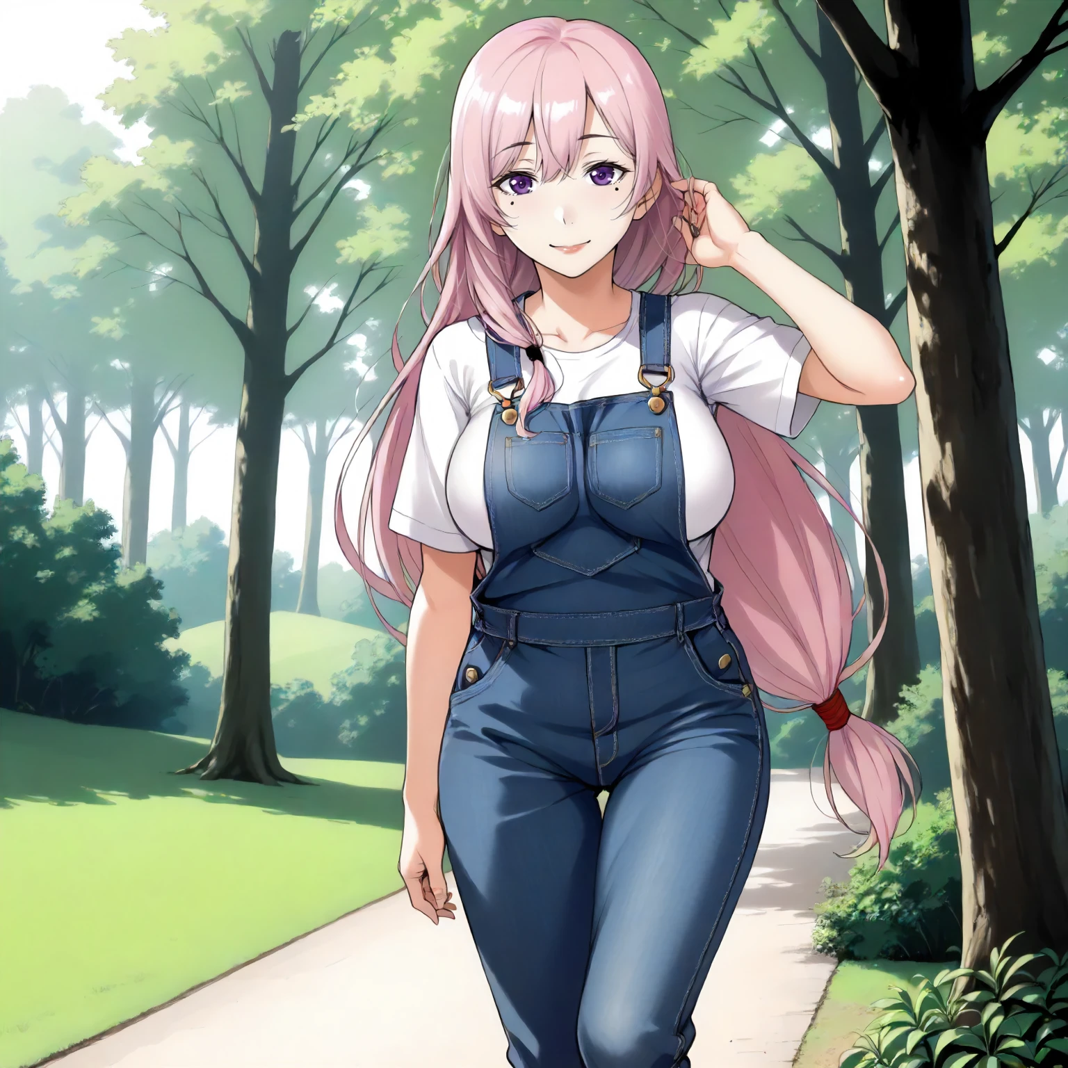 <lora:ToY_AkoNijyouXLpony001>,
outdoors,nature,
smile,
solo,
AkoNijyou,1girl,pink hair,long hair,purple eyes,
one mole under eye,
low-tied long hair,
large breasts,
wide hips,
standing,
overalls,