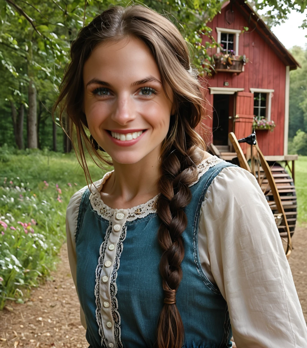 <lora:d0mpc_01PN-000007:1.1>, a (medium close up) photograph of (beautiful 24 year old) (d0mpc woman:1.2) as a farmer's daughter,long dark hair in a braided ponytail,Long dark eyelashes,plump lips and welcoming smile,with a medieval mill courtyard behind her,wooden mill structure with waterwheel,standing in the mill courtyard,organizing sacks of flour,in a tranquil forest,score_9,score_8_up,source_photo,rich details,clear shadows and highlights,realistic,intense,enhanced contrast,highly detailed,front view,face_focus,looking_at_viewer,portrait