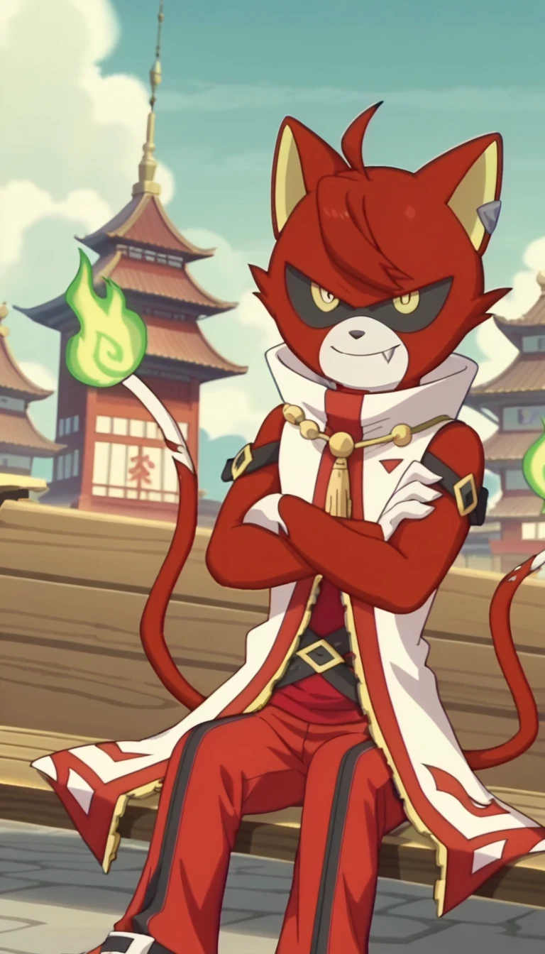 score_9, score_8, high quality, masterpiece, Kengo Benimaru, zipper coat, showing mouth, weak smile, mouth, fangs, red body, yellow eyes, flames, flame tipped tail, tail, two tails, dutch, angle, sitting on bench, traditional chinese architecture, crossed arms, show screenshot