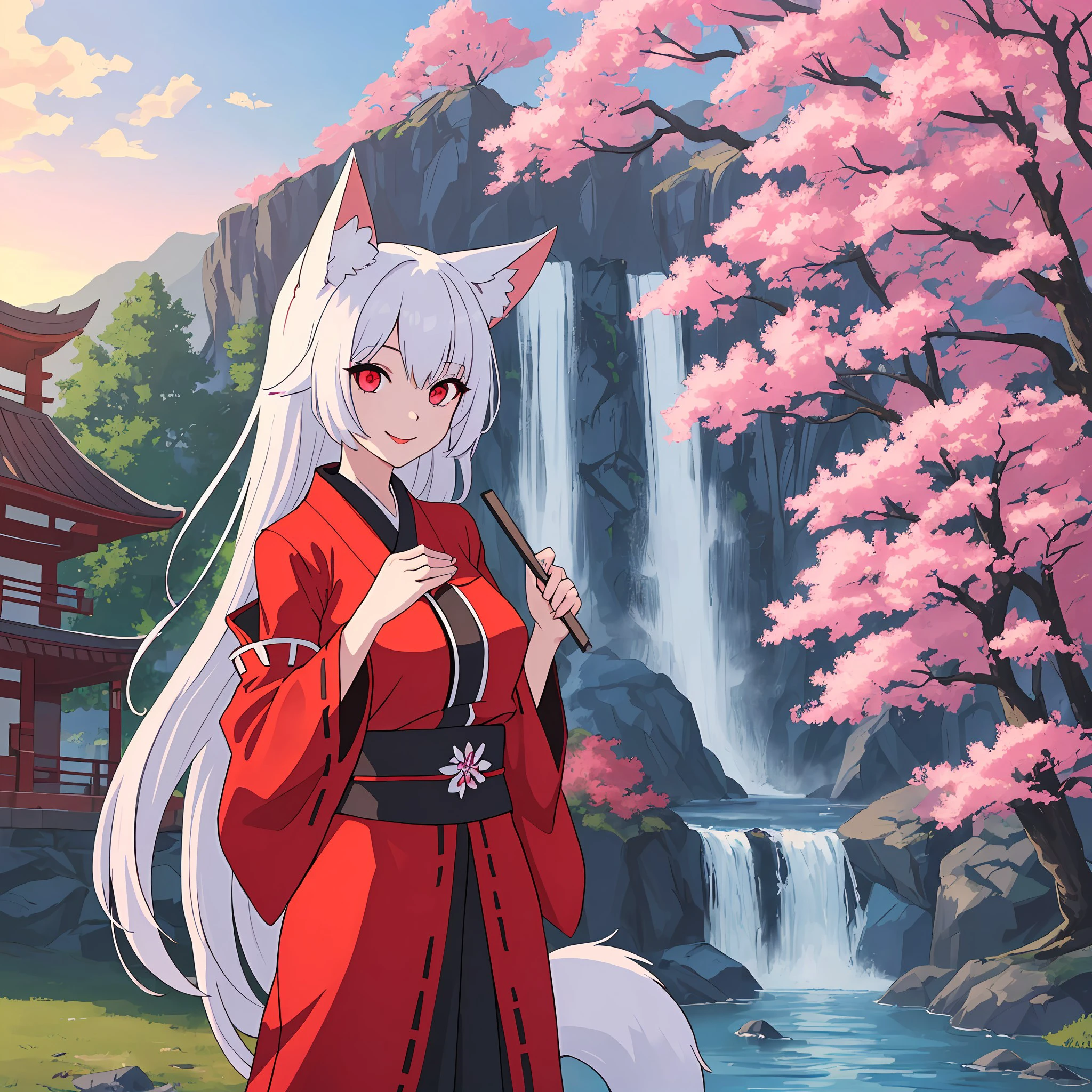 ((4k,best quality,masterpiece,solo girl)),(white long hair,fox ears,red slender eyes,miko,priest garb,touch mouth with big folding fan,stand erect,smile,nine tail,midium breath)
temple, altar in the background, sakura trees in the background, waterfall in the background, sunset