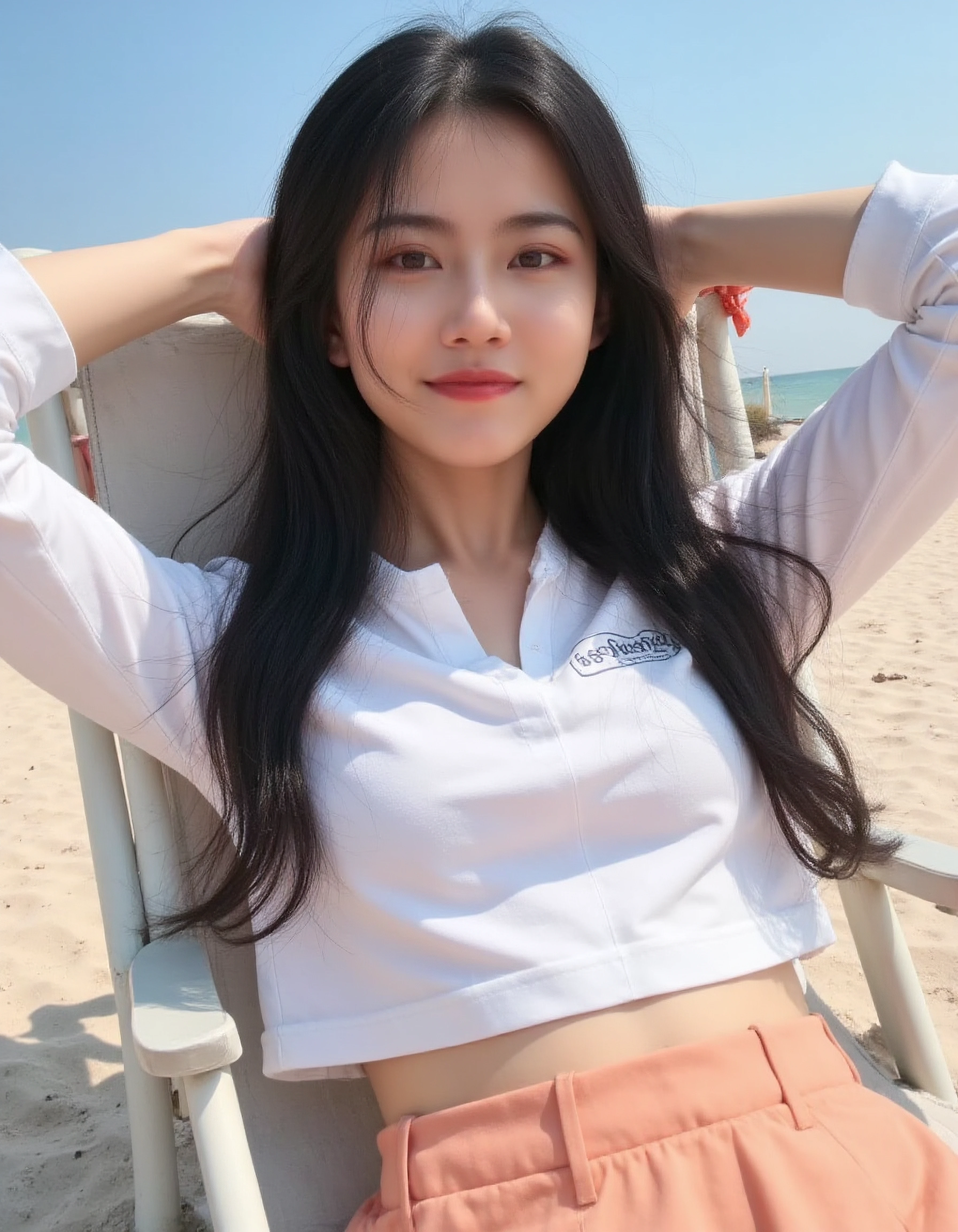 ((Angle from the front、whole body、lying down))、highest quality, (((whole body)))、(((big breasts、Ｇcup)))、beautiful japanese girl,long hair、black hair、 Ocean, sandy beach, deserted island, (((whiteｖheadＴshirt))), Smiling with a sexual expression,shiny skin