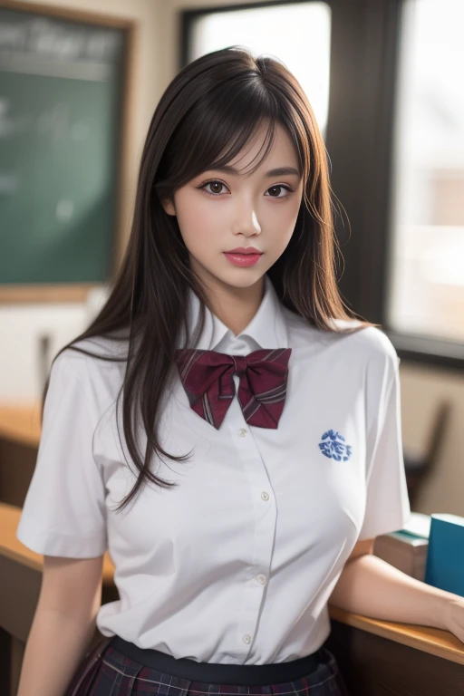 absurdres, RAW photo, extremely delicate and beautiful, masterpiece, Best Quality, ultra high resolution, 32k, hyperrealistic, ultra-detailed, big tits, whole body shot, (school_uniform:1.2),