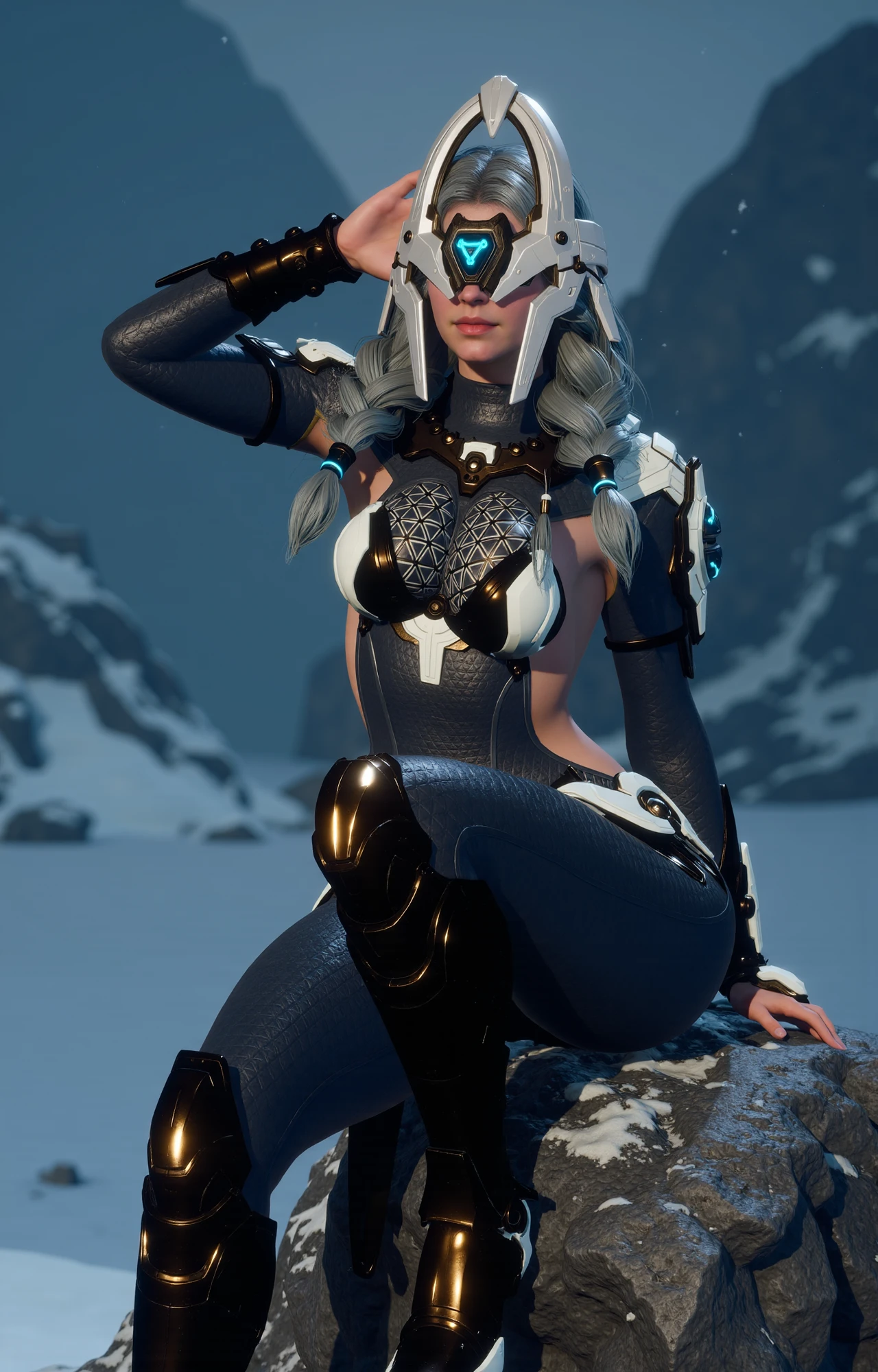 cinematic film still of TFD-Viessa-ULT-AbsoluteZero, a futuristic, armored female warrior sorceress is sitting elegantly with her legs crossed on a rock with one hand behind her head in a snowy winter scene with lots of snowfall. The background has a snowy mountain view and frozen water at the bottom of a cliff at night. Intense dramatic lighting.
The character has a sleek, athletic build with a toned physique. She wears a mask with a sleek, futuristic design that covers most of her face, leaving only her mouth and nose visible. The mask is predominantly white with gold and blue accents. She has long, wavy silver hair styled into two braids that cascade over her shoulders.
Her armor features intricate, geometric patterns and a high-tech, glossy texture. The armor covers her entire body with additional decorative pieces on her shoulders. The character's attire is form-fitting, emphasizing her curvaceous physique. She also has a waist cape. It is snowing, snowflakes in the view.
<lora:TFD-Viessa-ULT-AbsoluteZero:0.9>