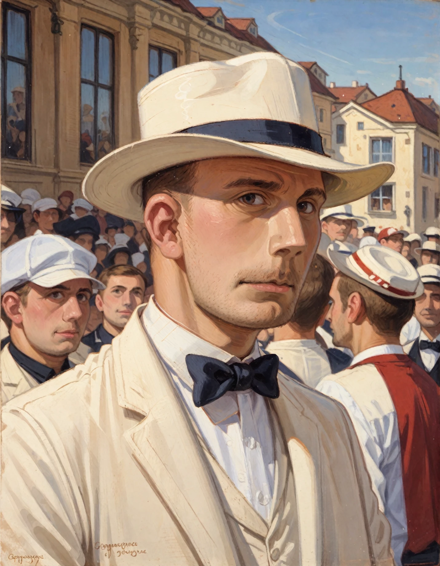 <lora:eugene-jansson_pony_v1:1>' Portrait ' by Jansson Eugène in 1910, self-portrait, portrait \(genre\), Symbolism \(style\), a man wearing a white suit and hat, city, crowd,sky, score_9, score_6_up, score_7_up