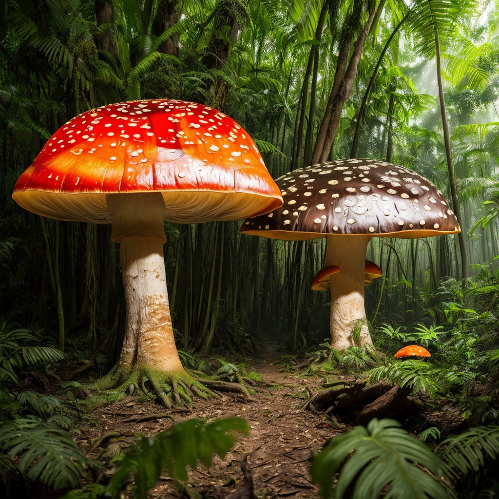 masterpiece, intricate photo, giant mushrooms in the hazy jungle, photo realistic, hyper realistic, highly detailed, sharp focus, high resolution, best quality, colorful, friendly colors, cozy outdoor lighting, 8K