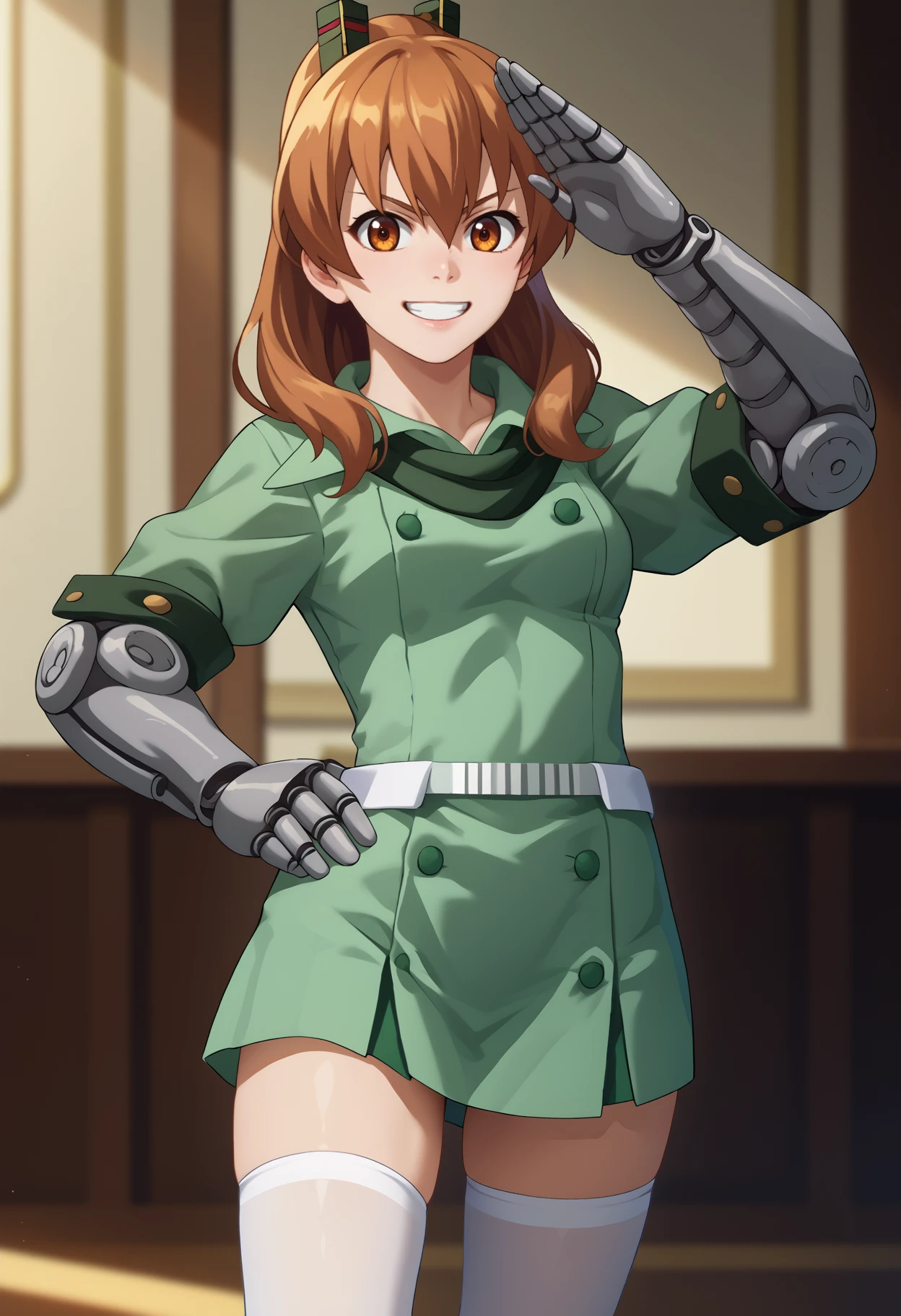 score_9, score_8_up, score_7_up, source_anime, <break> solo, 1girl, agkseryu, mechanical arms, grin, looking at you, standing, salute, long hair, brown hair, ponytail, brown eyes, green dress, short dress, buttons, double-breasted, belt, white thighhighs, green scarf, indoors
<segment:yolo-face_yolov8m.pt,0.4,0.5//cid=1>