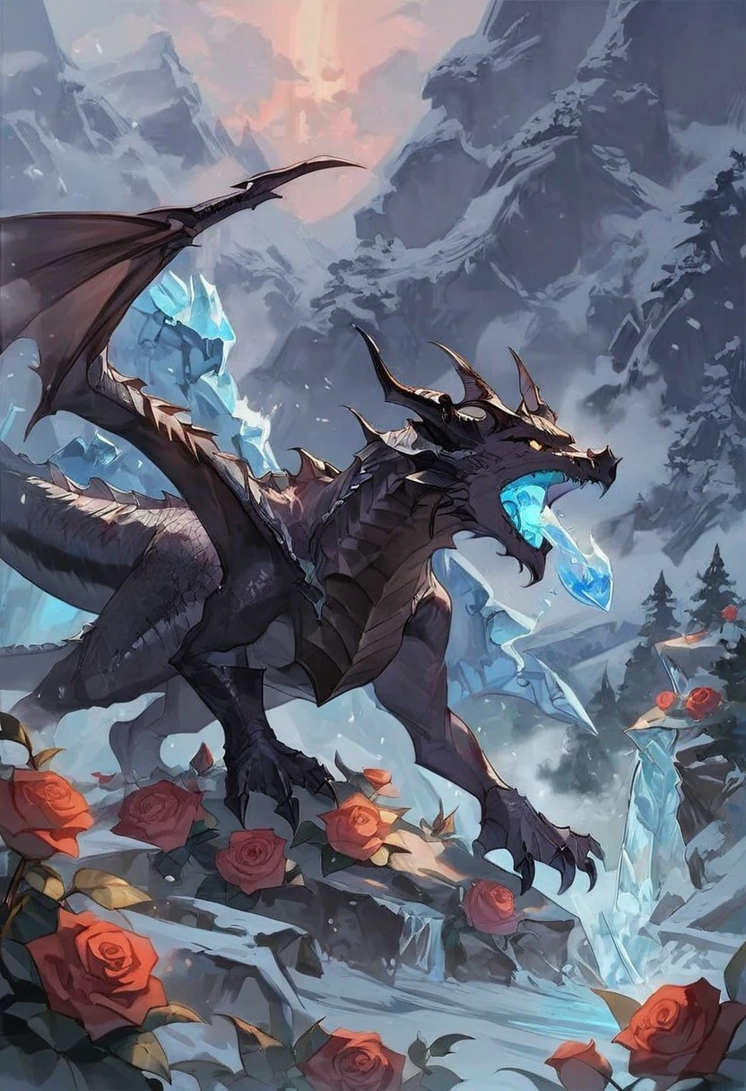 (masterpiece), (best quality), source_anime+, perfect anatomy, HD, 10k Res, digital_media_(artwork) hi_res, intricate, high quality, amazing quality, (noir, fantasy) theme, (1 feral black dragon, breathing ice), (rose, mountain), Drestoria-Style_V1