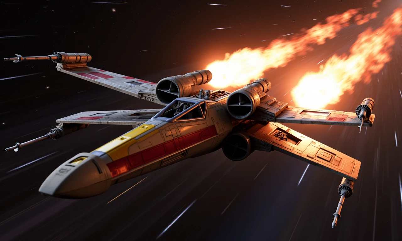 <lora:x-wing:1>, <lora:star wars style v2:1> star wars style,A dynamic action photo of an X-wing flying at high speed through space, with motion blur trailing behind, stars streaking past in the background, the ship's metallic surface catching vibrant reflections from nearby explosions.