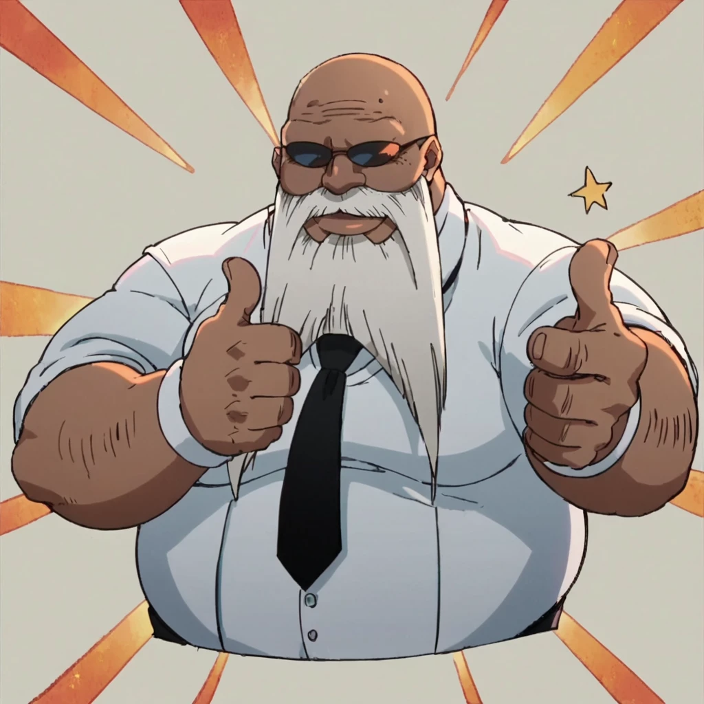 score_9, score_8_up, score_7_up,anime screencap, 1boy, male focus,solo,bald head ,facial hair, beard,  fat,  fat man,  mustache,sunglasses,smile, men's business suit,necktie,jacket,thumbs up<lora:pepesama:0.8>