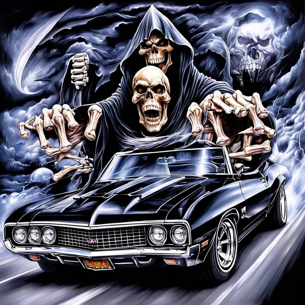 painting 11skull11, grim reaper, driving  muscle car