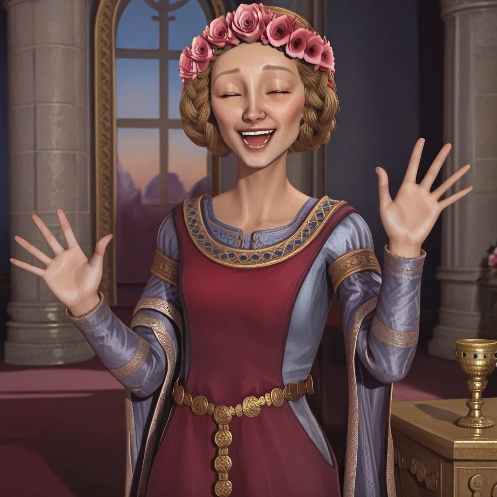 solo, 1girl, throne room, castle interior, stone castle, eleanor england, hair updo, dress england, flowers england, waving, eyes open, happy