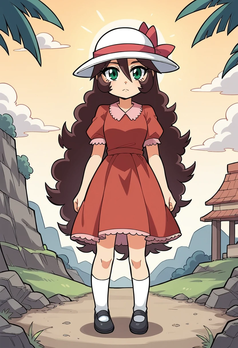 masterpiece, best quality, uncensored, source_anime BREAK score_9, score_8_up, score_7_up, score_6_up, score_5_up, score_4_up, 1girl, solo, smolmariewright, aged down, green eyes, brown hair, very long hair, curly hair, chibi, Expressiveh, sun hat, red dress, short sleeves, socks, shoes, black footwear, outdoors, island, palm tree <lora:Expressive_H:0.6> <lora:add-detail-xl:0.5> <lora:mariewright:0.8>