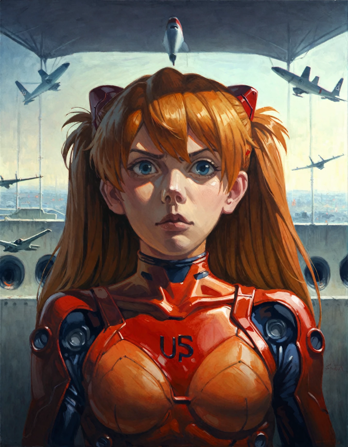 <lora:eugene-jansson_pony_v1:1>' asuka ' by Jansson Eugène in 1910, portrait \(genre\), Symbolism \(style\), asuka langley soryu wearing a red plugsuit, hangar, mechanical, airplane, score_9, score_6_up, score_7_up