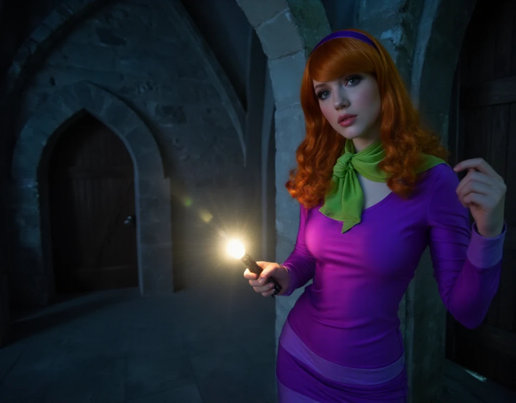 Daphne Blake,wears headband and purple dress, is holding a flashlight in the dark. She is in a very dark castle <lora:Daphne_Blake:0.9>