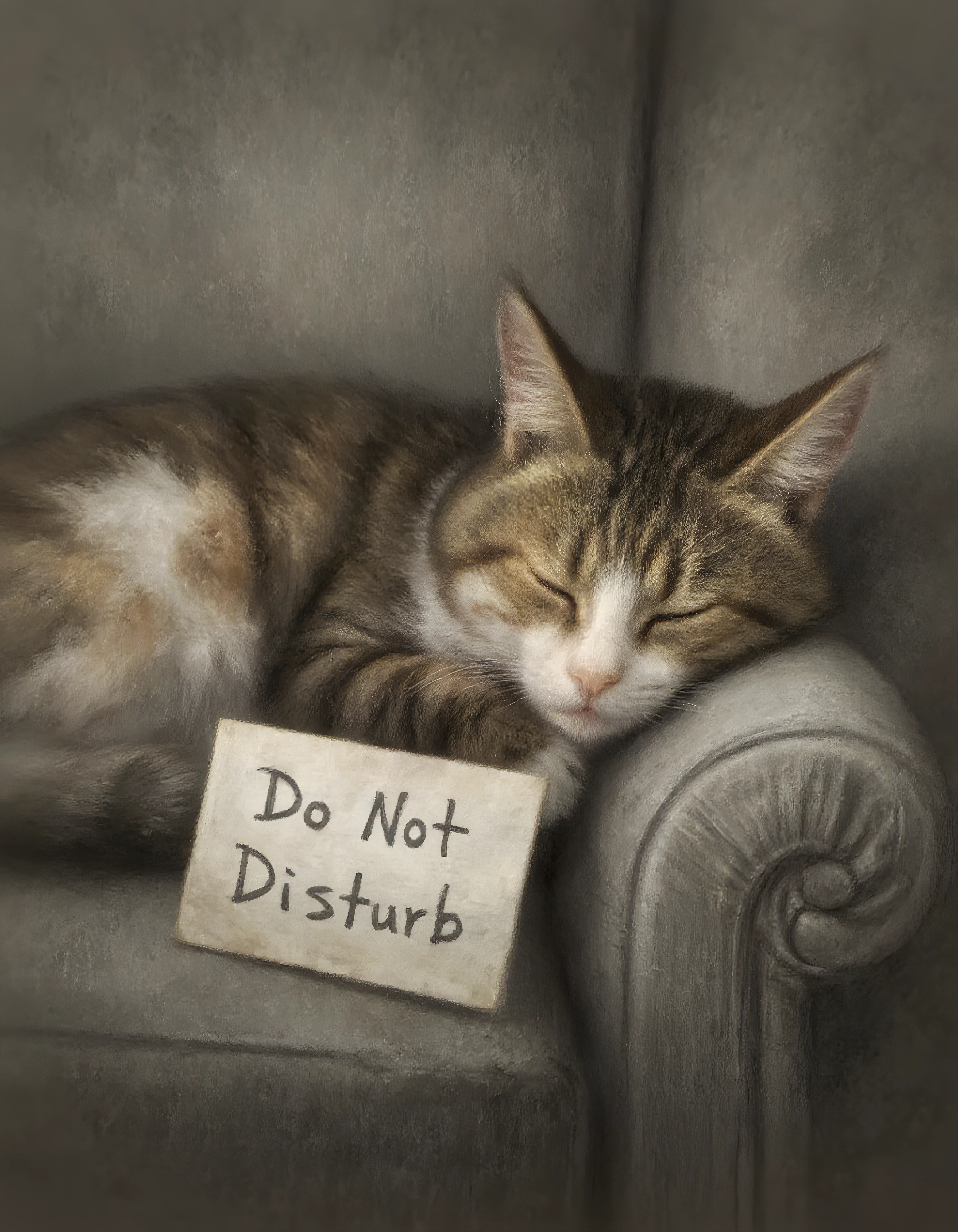 <lora:fantasy_illustration_style_flux:1> A cat sleeping on the sofa, next to it a note says "Do Not Disturb", soft edge illustration