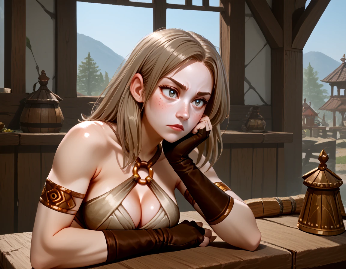 <lora:PonyXL - Kukuu - Everquest - 1999 - Epoch 10:0.65> kukuu, low_poly, eq, female, human, light gray eyes, light brown hair, medium hair, freckles, toned body, large breasts, belly tattoo, silk tied bra, gold chest ring, bare shoulders, cleavage, window cleavage, tribal arm bands, black fingerless gloves, holding head up with hand, upper body, bored, sitting, elbow on table, lowered eyelids, sitting across from viewer, <lora:PonyXL Head Rest Arm Rest:1.0> head rest arm rest,, source_cartoon, score_9, score_8_up, score_7_up,
