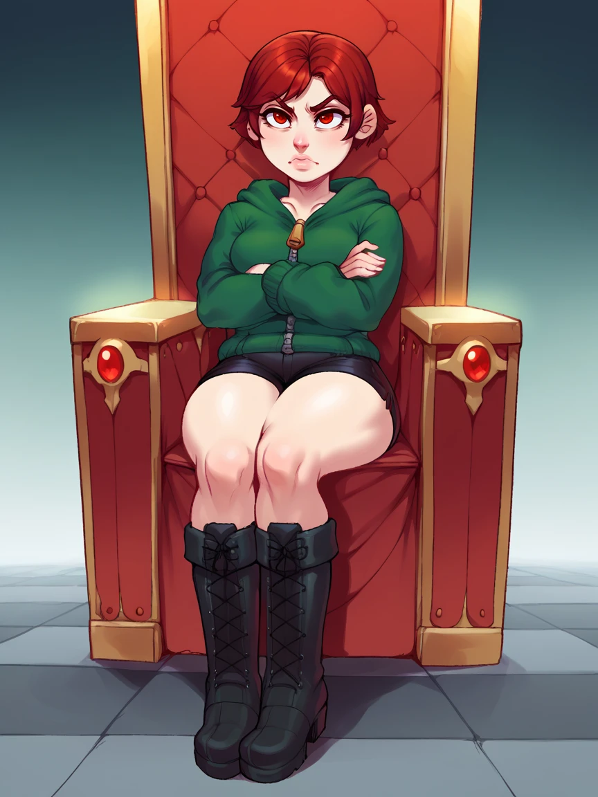 score_9, score_8_up, score_7_up, score_6_up, score_5_up, score_4_up, solo, 1girl, curvy, black outline, red eyes, Enti, Short Hair, Red Hair, Green Hoodie, zipper, black shorts, seated, on a throne, red throne, arms crossed, knee boots, boots, serious look, <lora:Enti-03:0.8>,  <lora:djc0mpsXLP:1> djc0mps,