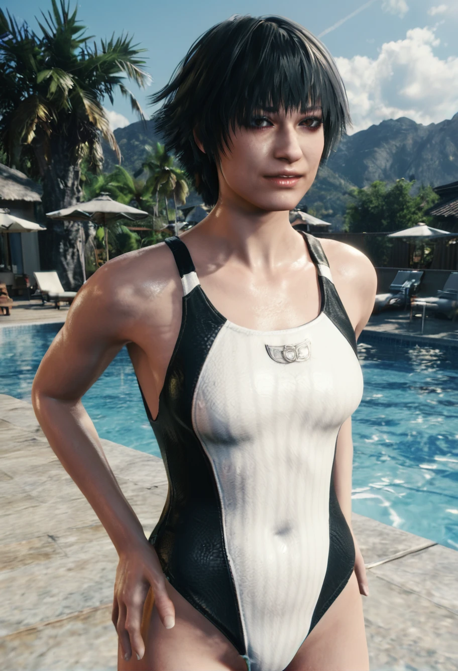 score_9,score_8_up,score_7_up, realistic,lady_devil_may_cry, devil may cry 5, short hair,black hair,scar,heterochromia, 3d,cgi game <lora:lady_devil_may_cry:1>  wearing a (japanese swimsuit:1.2), pool