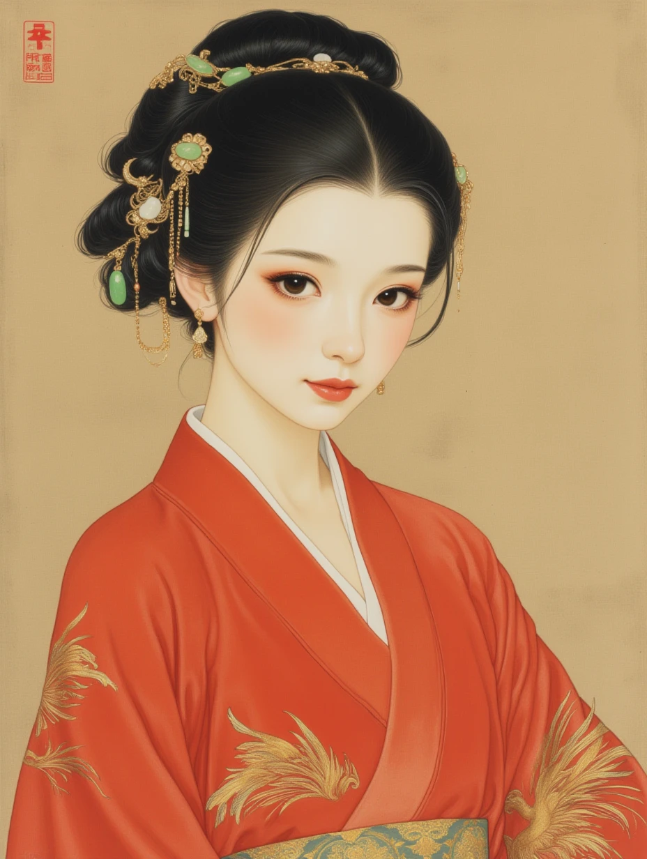 gongbihua,

A girl embodying the elegance of the Han Dynasty, with raven tresses meticulously coiled into an intricate updo, secured by exquisite jade hairpins, her almond-shaped eyes subtly lined with kohl, donning a crimson silk robe embroidered with majestic phoenix motifs, a delicate golden sash cinching her waist.