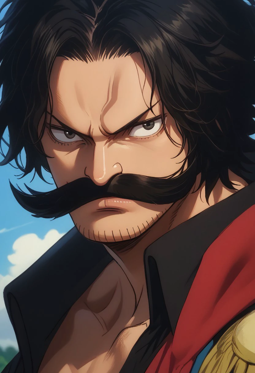 score_9, score_8_up, score_7_up, source_anime, rating_safe, male focus, RogerOP, black_Roger_hair, black_Roger_facial hair, black_Roger_eyes, headwear removed, 1boy,