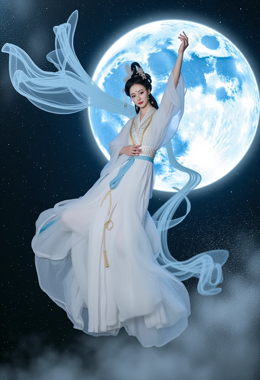 changexianzi, This is a digital photograph of a young Asian woman dressed in traditional Chinese attire, featuring a celestial and ethereal theme. The woman is suspended in mid-air, with her right arm gracefully extended upwards and her left arm slightly bent. She wears a flowing, long-sleeved long skirt predominantly in white, adorned with delicate blue and gold accents. The fabric appears to be made of a semi-transparent, gossamer-like material, which billows around her as if caught in a gentle breeze, creating a sense of movement and lightness. The background is a dark, starry night sky with a large, glowing full moon in the center, casting a soft, blue light that illuminates the woman from behind. Wisps of smoke or mist swirl around her, adding to the mystical atmosphere. The woman's hair is styled in a traditional Chinese updo with ornate hair accessories, and she wears minimal makeup, emphasizing her natural beauty. The overall color palette is dominated by cool tones, with blues, whites, and silvers, creating a serene and otherworldly ambiance. The photograph is highly detailed, with a focus on the texture of the fabric and the subtle lighting effects that enhance the depth and realism of the scene.
