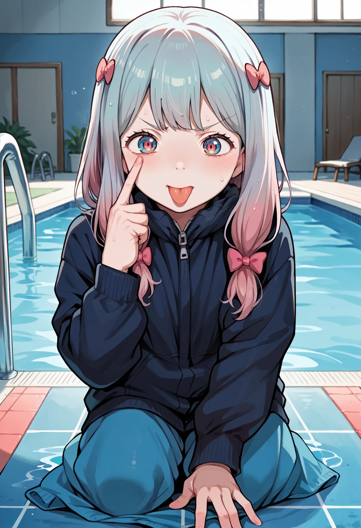 score_9, score_8_up,score_7_up, source_anime, 1girl, solo, akanbe, eyelid pull, tongue out, hand on own face,hand up,
izumi sagiri,  pale skin,
kneeling, closed mouth, v-shaped eyebrows, 
pool, pool side, indoors, cold colors ,  blue theme,
<lora:aknb_pdxl_EliPot:1>