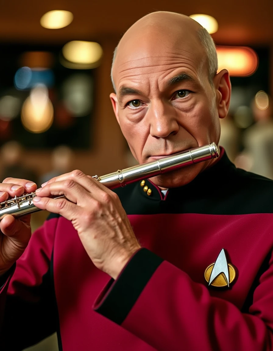 PicardLucJoHn69 <lora:picardlucjohn69:1.2> PicardLucJoHn69, a photo of exact replica of PicardLucJoHn69, bald head, wearing his star trek uniform, playing the flute in a old french setting, his cheeks red blowing hard, golden hour, extra details  <lora:facial expression style v1:1>