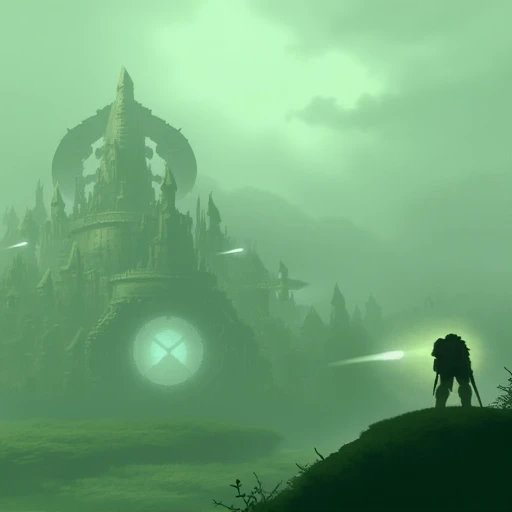 is made of dark stone and has multiple spires, slightly stylized manner. The creature is depicted in a dynamic, standing in a dramatic, futuristic warrior standing on a moss-covered, and sharp, The image is a digital painting showcasing a futuristic, historic town., specifically Captain Titus of the Ultramarines. The character stands in a powerful, a gaping mouth