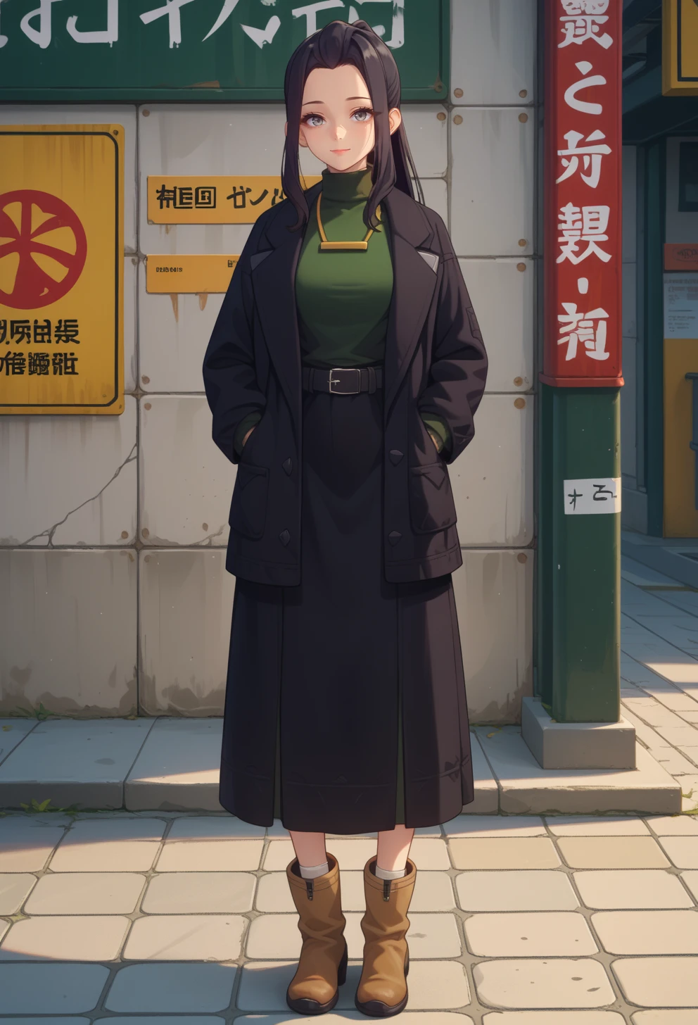 score_9, score_7_up, source_anime, BREAK solo,  <lora:AECaroni:0.7> AECaroni, grey eyes, black eyes, black hair, forehead, long hair, mole under eyes, ponytail, sidelocks, black coat, long sleeves, green sweater, turtleneck sweater, necklace, belt, black skirt, long skirt, ankle boots, brown footwear,  
light smile, standing,