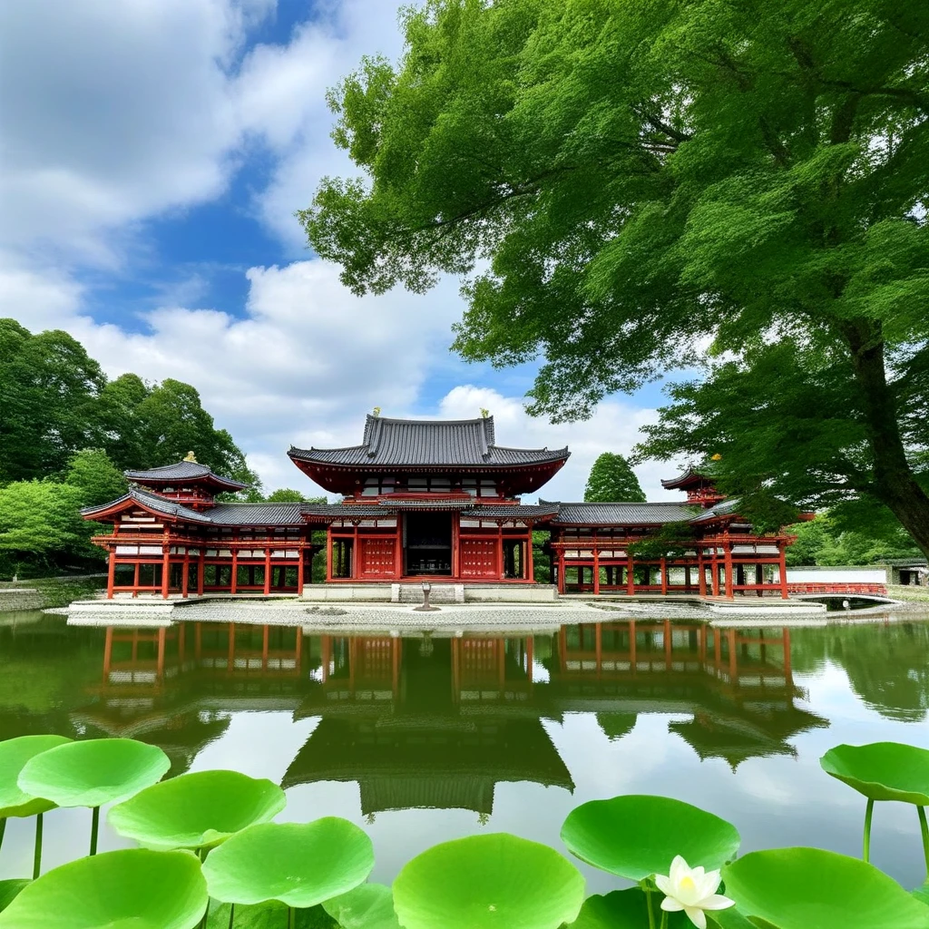 <lora:phoenix_temple_SDXL:0.5>, a large building with a pond, outdoors, sky, day, cloud, water, tree, blue_sky, no_humans, cloudy_sky, lotus, building, rope, nature, scenery, forest, reflection, rock, stairs, mountain, fence, railing, bush, torii, architecture, house, bridge, east_asian_architecture, river, statue, landscape, lake, shrine, lily_pad, pond, stone_lantern, reflective_water, real_world_location, pagoda, byodoin