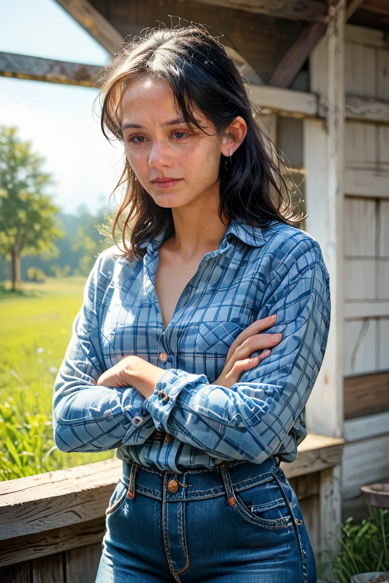 score_9, score_8, score_7, female, 1girl, solo female, crossed arms, plaid shirt, denim pantes, at the farm,20yo,Lee_Kiefer<lora:EMS-462213-EMS:0.950000>