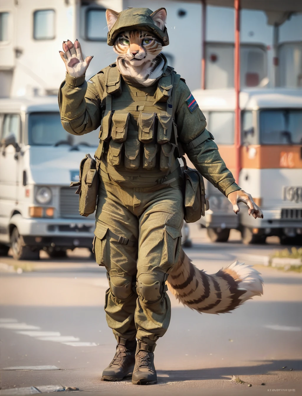 score_9, score_8_up, score_7_up, score_6_up,score_5_up, RussianSoldier, female, furry cat, waving, standing, full body, <lora:RussianSoldierV3-000004:1>