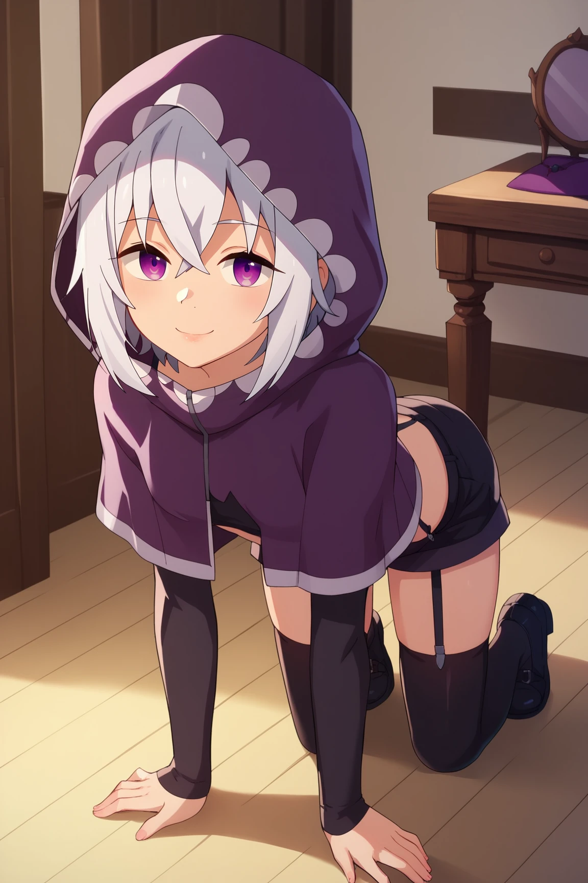 score_9, score_8_up, score_7_up, score_6_up, BREAK, TisseBHPXL, purple eyes, white hair, short hair, hair between eyes, small breasts, purple hood up, purple capelet, black crop top, long sleeves, suspenders, shorts purple, black thighhighs, black shoes, solo, full body, all fours, seductive smile, looking at viewer, indoors <lora:TisseBHPXL:1>