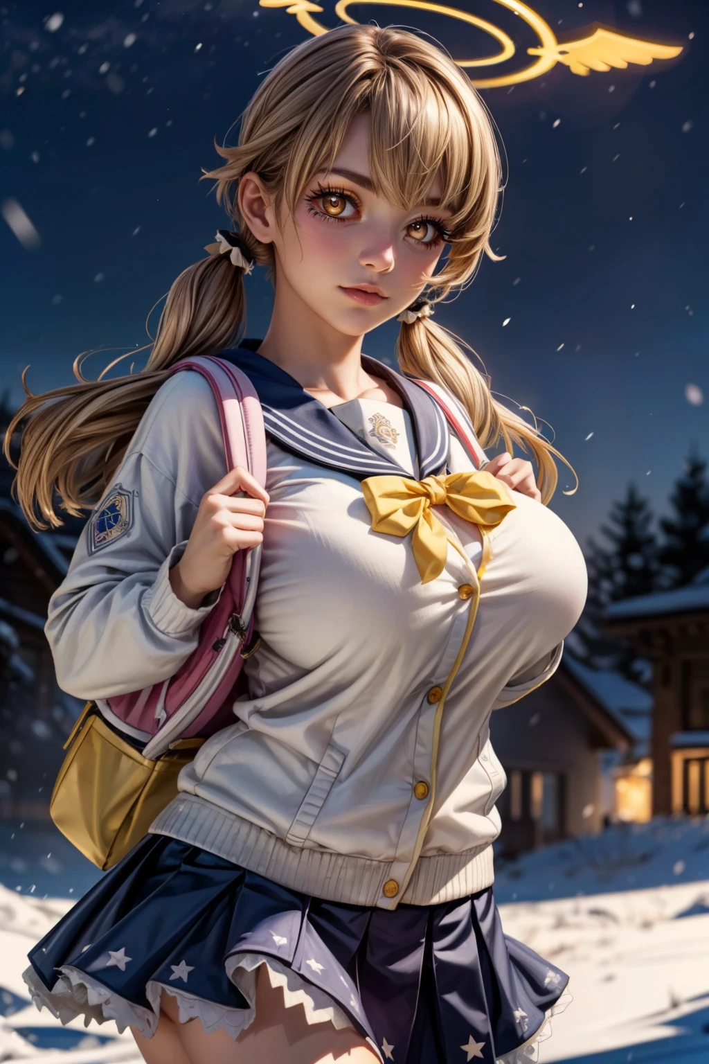 (ultra realistic,32k, masterpiece:1.2),(high detailed skin:1.1),( high quality:1.1), <lora:IllyasvielVonEinzbern_v1:0.7>, zzIllya, looking at viewer, night, outdoors, snowing, sky, BREAK,    <lora:Hifumi_BlueArchive_Citron:0.7>, zzHifumi, yellow eyes, light brown hair, long hair, twintails, halo, breasts white cardigan, blue skirt, school uniform, pleated skirt, backpack, blue sailor collar,   ,BREAK,  blooming stars, luminescent petals, otherworldly fragrance blurry background, (looking at viewer, standing:1.1), huge breast, large breast, <lora:add_detail:0.92>, (glowwave:1.1),