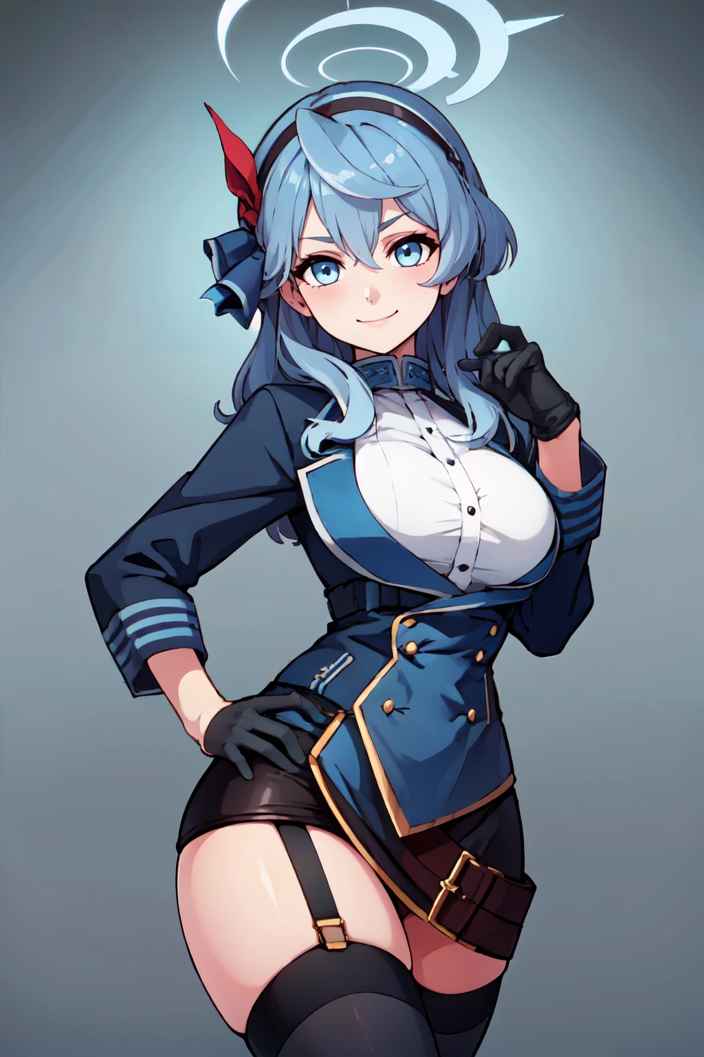 ((masterpiece,best quality)), absurdres,  BREAK, , <lora:Ako_BlueArchive_Citron:0.8>, zzAko, blue eyes, blue hair, long hair, hairband, halo black skirt, white shirt, blue jacket, black gloves, blue gloves, garter straps, black thighhighs , BREAK, hip to the side, hand on hip, contrapposto,, BREAK, solo, smile, looking at viewer, cowboy shot,