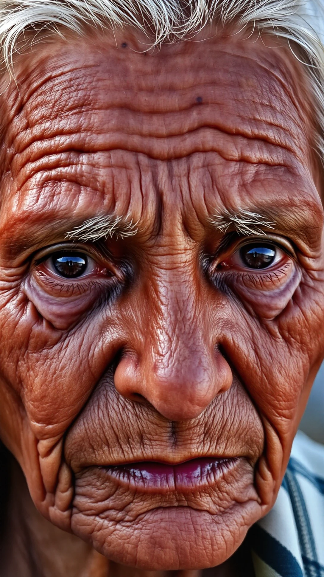 This is a high-resolution photograph of an elderly woman with a deeply weathered face, showcasing a rich tapestry of wrinkles and age spots. Her skin is a deep, earthy brown tone, indicating a long life exposed to the sun. Her eyes, expressive and filled with wisdom, are a striking, piercing brown, with a slight squint that adds to her weathered appearance. <lora:Old_Beauty-000001:1>