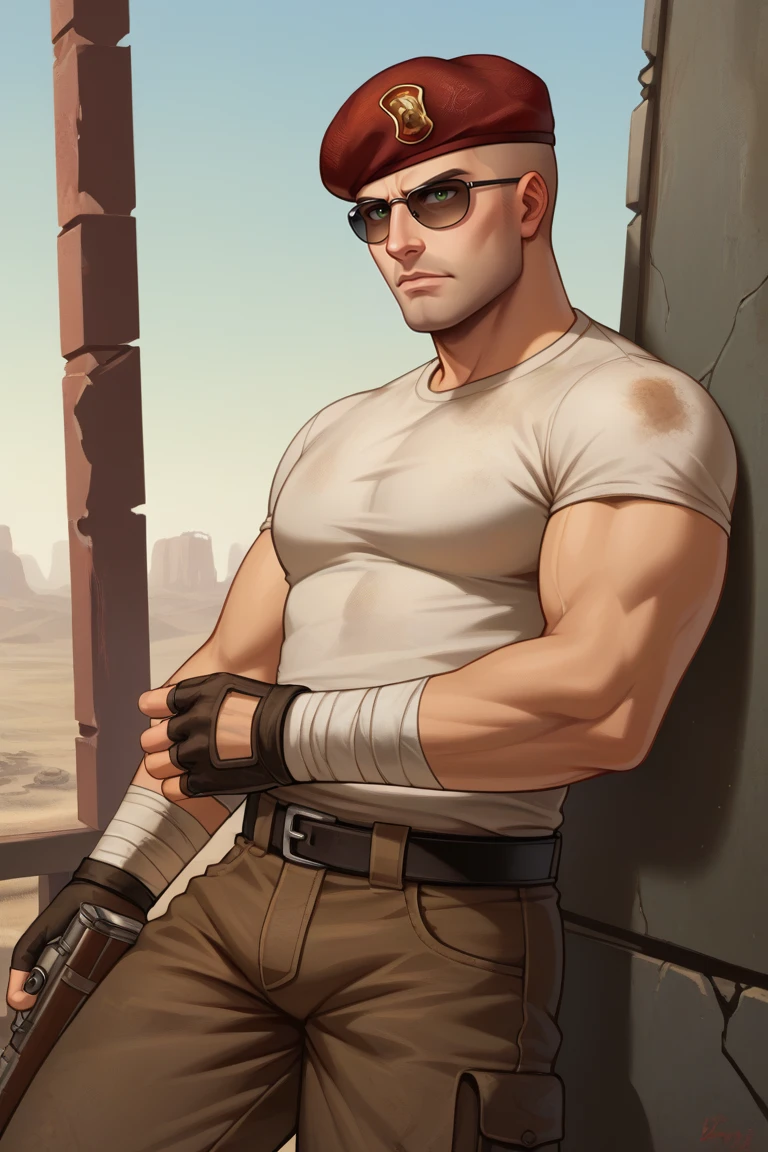 score_9, score_8_up, score_7_up, score_6_up, perfect anatomy, perfect proportions, best quality, masterpiece, high_resolution, high quality, best aesthetic, incredibly absurdres, highres, extremely detailed, huge filesize, mature, masculine, manly, virile, handsome, charming, alluring, bara, male focus, solo male, cowboy shot, dutch angle, source_game \(Fallout: New Vegas\), official style \(Fallout: New Vegas\), Craig Boone, FNVBoone, bald, green eyes, Boone_Outfit03, 1st Recon survival armor, sunglasses, red beret, 1st Recon beret\(Fallout: New Vegas\), 1st Recon emblem\(Fallout: New Vegas\), tan facewrap, brown shoulder armor, brown breastplate, short sleeves undershirt, sleeveless brown coat, black fingerless gloves, wrist bandage, bandolier, cargo pants, belt pouch, combat boots, Fallout: New Vegas location, Mojave Wasteland, post-apocalyptic ruins