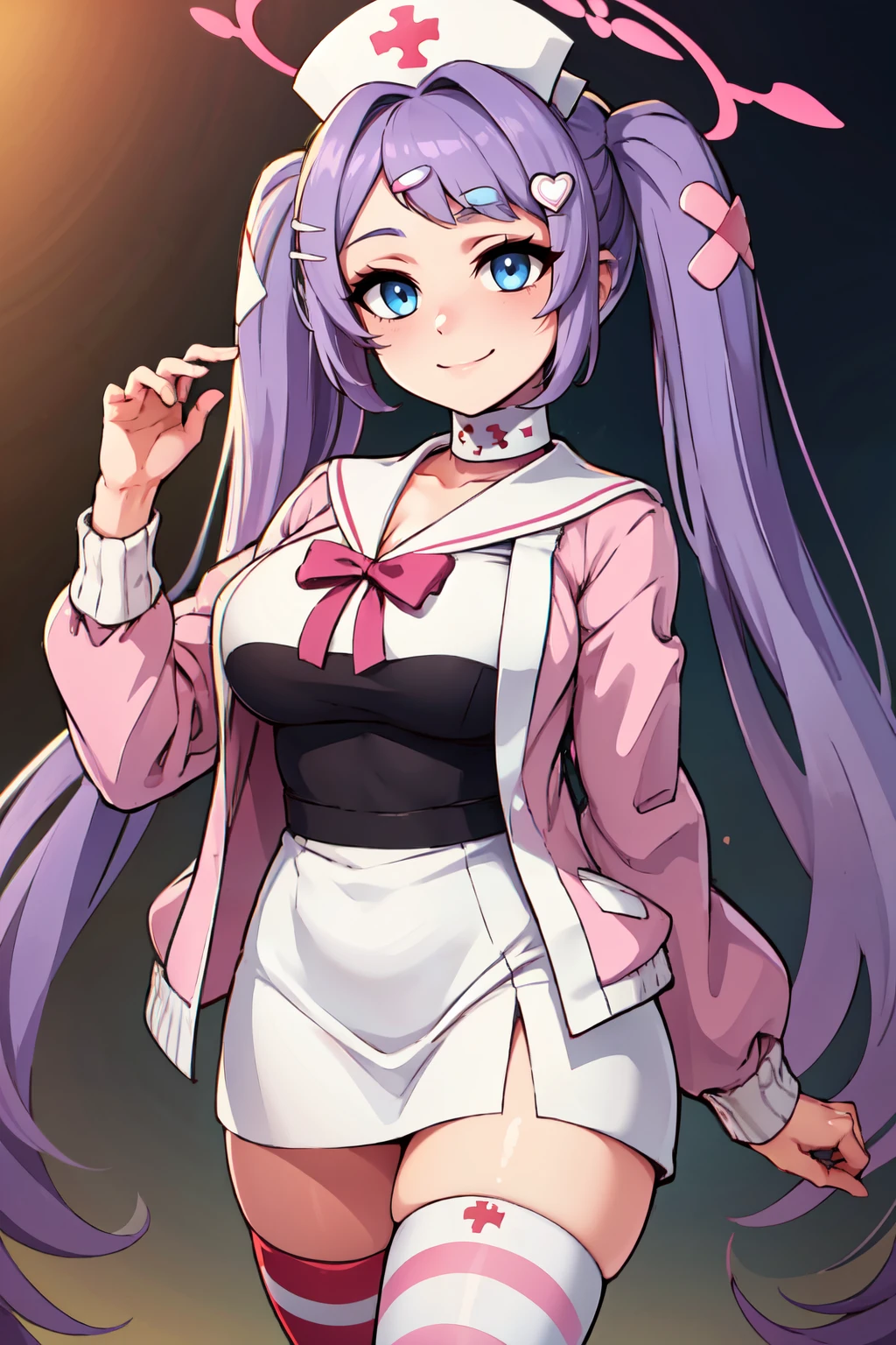 ((masterpiece,best quality)), absurdres,  BREAK, , <lora:Hanae_BlueArchive_Citron:0.8>, zzHanae, blue eyes, purple hair, long hair, twintails, halo, hair ornament, hat pink jacket, white sailor collar, mismatched legwear, striped thighhighs, nurse outfit, white dress , BREAK, hip to the side, contrapposto, cowboy shot,, BREAK, solo, smile, looking at viewer, cowboy shot,